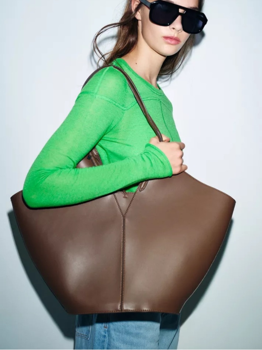 Zara Brown Leather Tote Bag with Slim Shoulder Straps